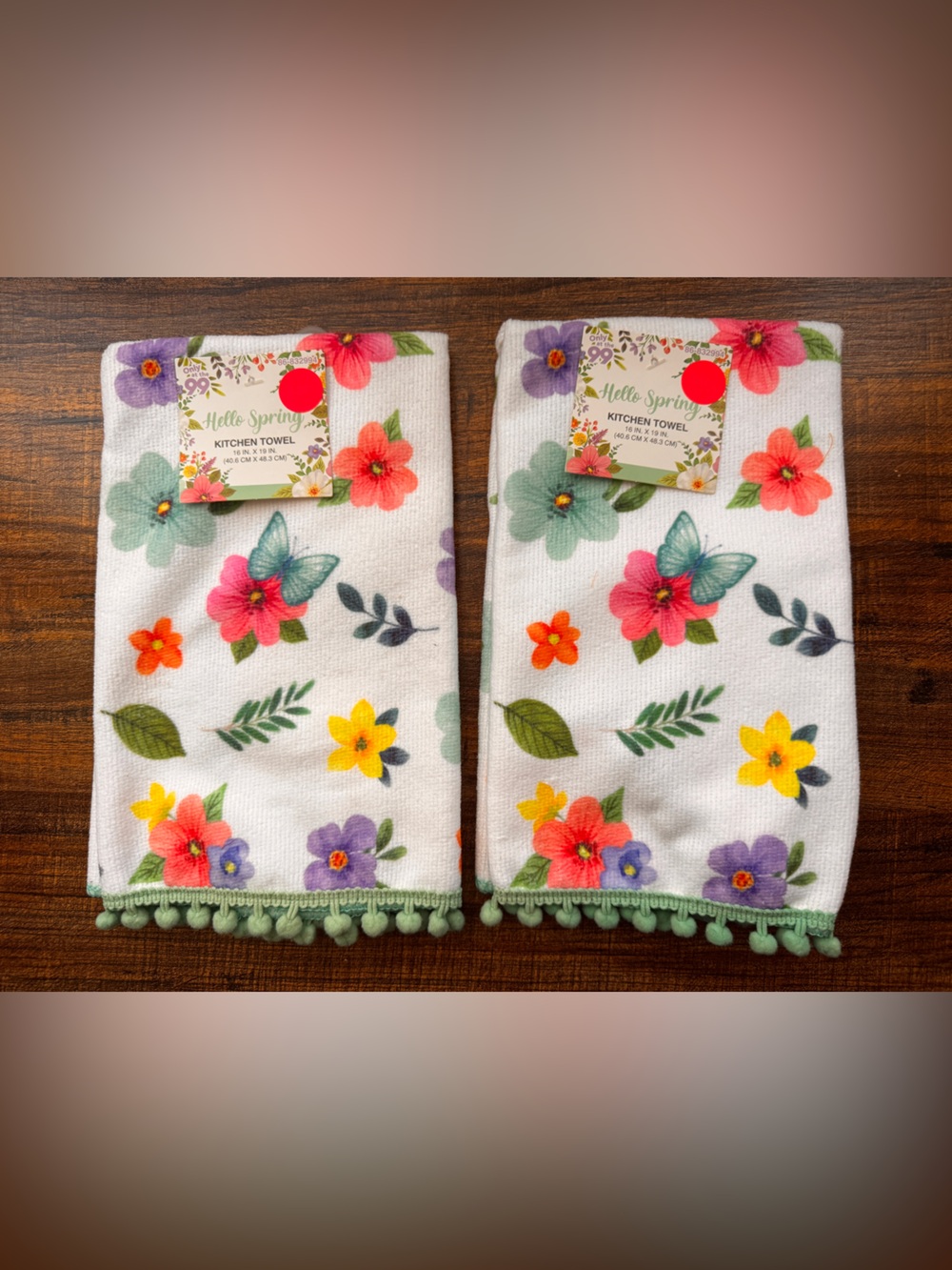 Set of 2 Hello Spring Floral Butterfly Kitchen Towels Pom Pom Trim NWT
